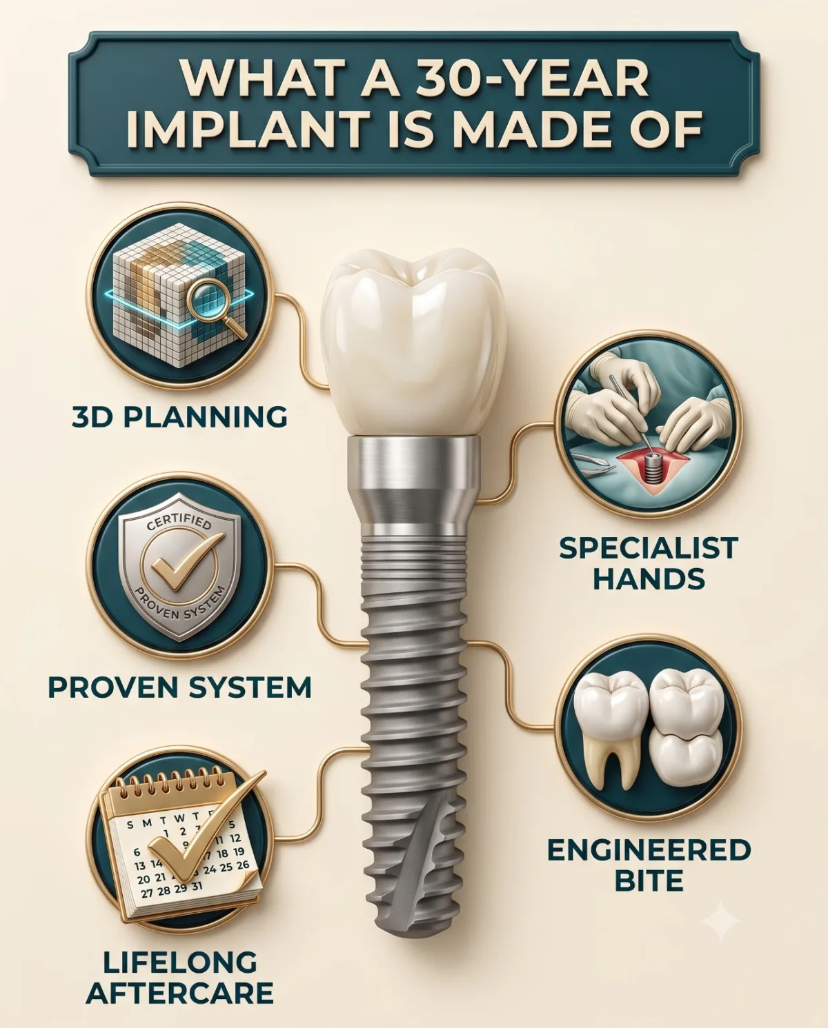 What a 30-year dental implant is made of: infographic showing 3D planning, specialist hands, proven implant system, engineered bite, and lifelong aftercare, Borneo Dental Centre Kota Kinabalu