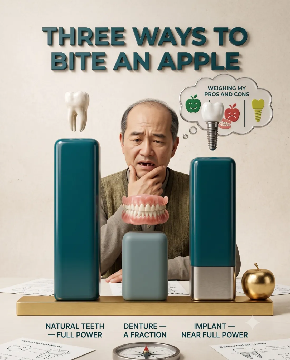 Bite strength comparison: natural teeth full power, dentures a fraction, dental implants near full power