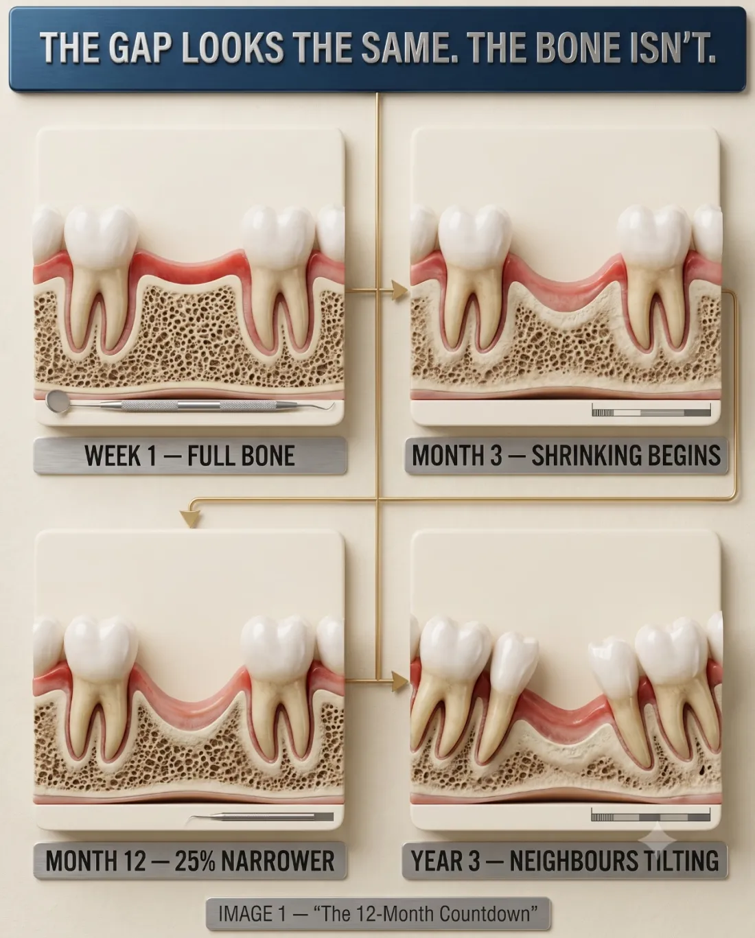 Timeline showing jawbone shrinking in the 12 months after tooth loss — week 1 full bone, month 3 shrinking begins, month 12 25% narrower, year 3 neighbouring teeth tilting