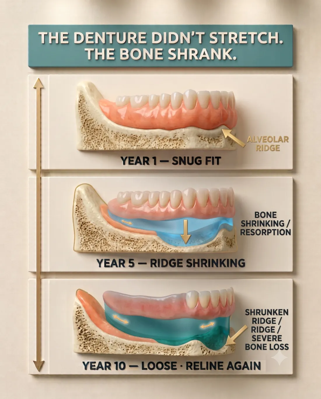 Why dentures loosen over time: year 1 snug fit, year 5 ridge shrinking from bone resorption, year 10 loose and needing relining