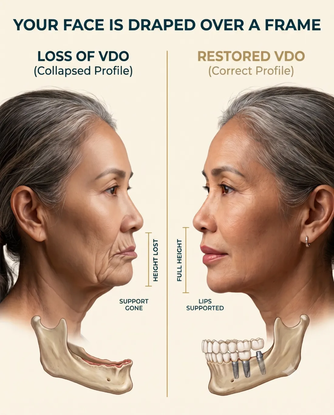 Facial profile comparison: collapsed lower face from lost vertical dimension versus correct profile restored with implant-supported teeth