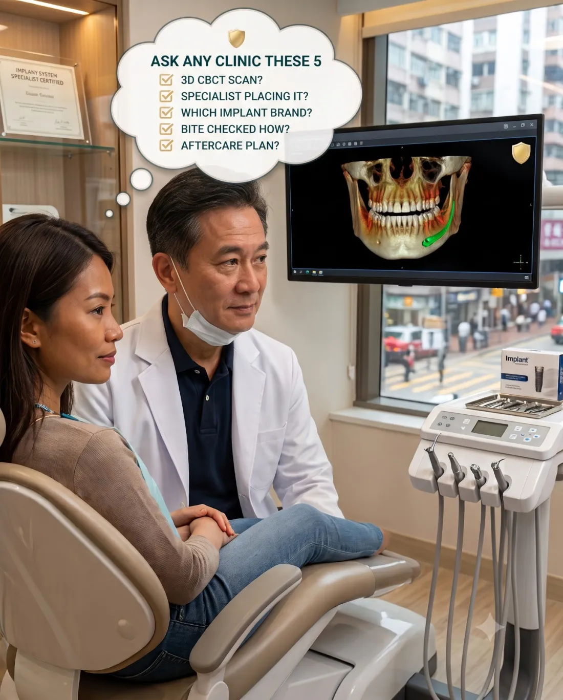Five questions to ask any implant clinic: imaging, who places it, which implant brand, how the bite is checked, and the aftercare plan