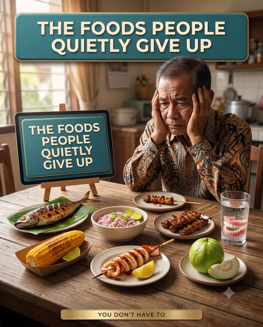 Foods denture wearers quietly give up — satay, grilled fish, corn on the cob, squid, guava