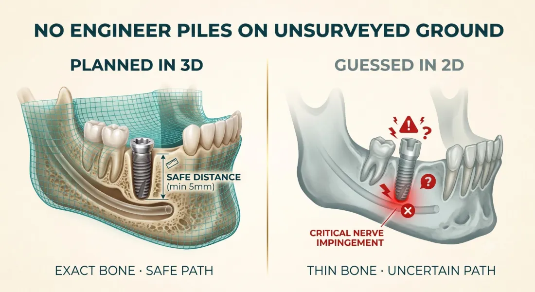 Implant planned in 3D with exact bone measurements and safe nerve distance versus guessed placement risking nerve impingement