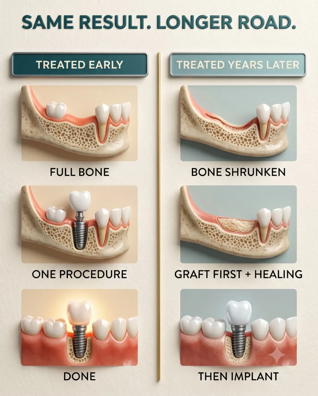 Treated early: one implant procedure. Treated years later: bone graft first, months of healing, then the implant